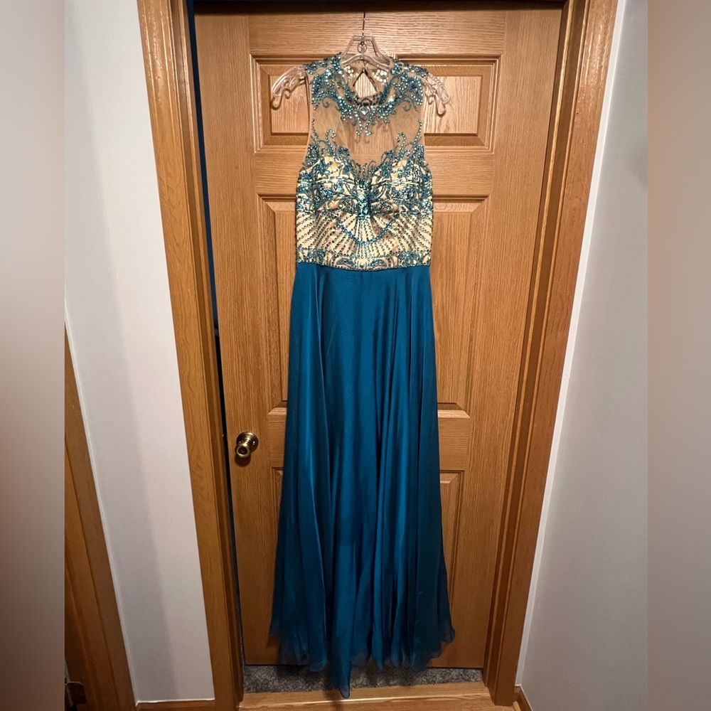Beaded Teal Floor Length Dress, 14